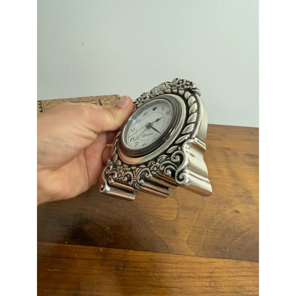 Brighton Your Home Silver Tone Ornate Scroll Heart Desk Clock with Box & Pouch